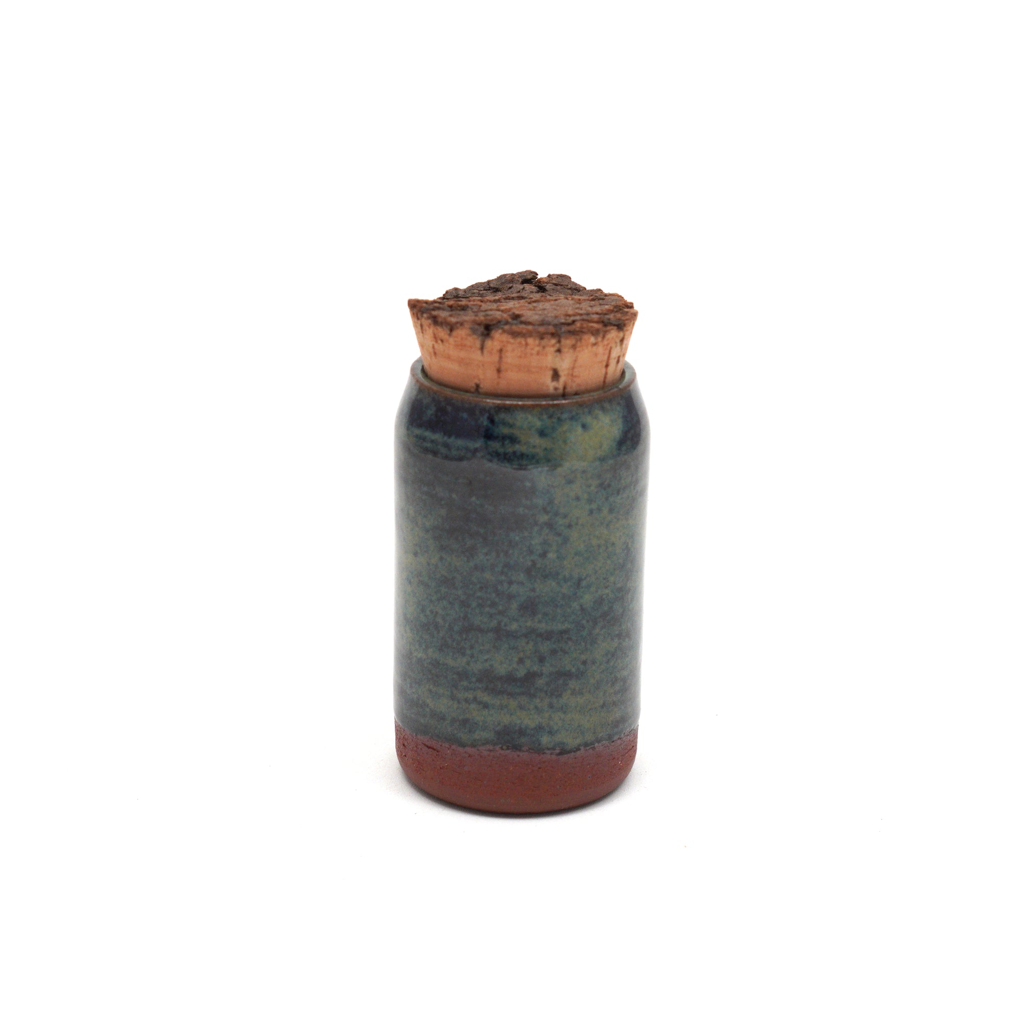 Handmade Ceramic 6oz Corked Jar with green & navy blue glaze