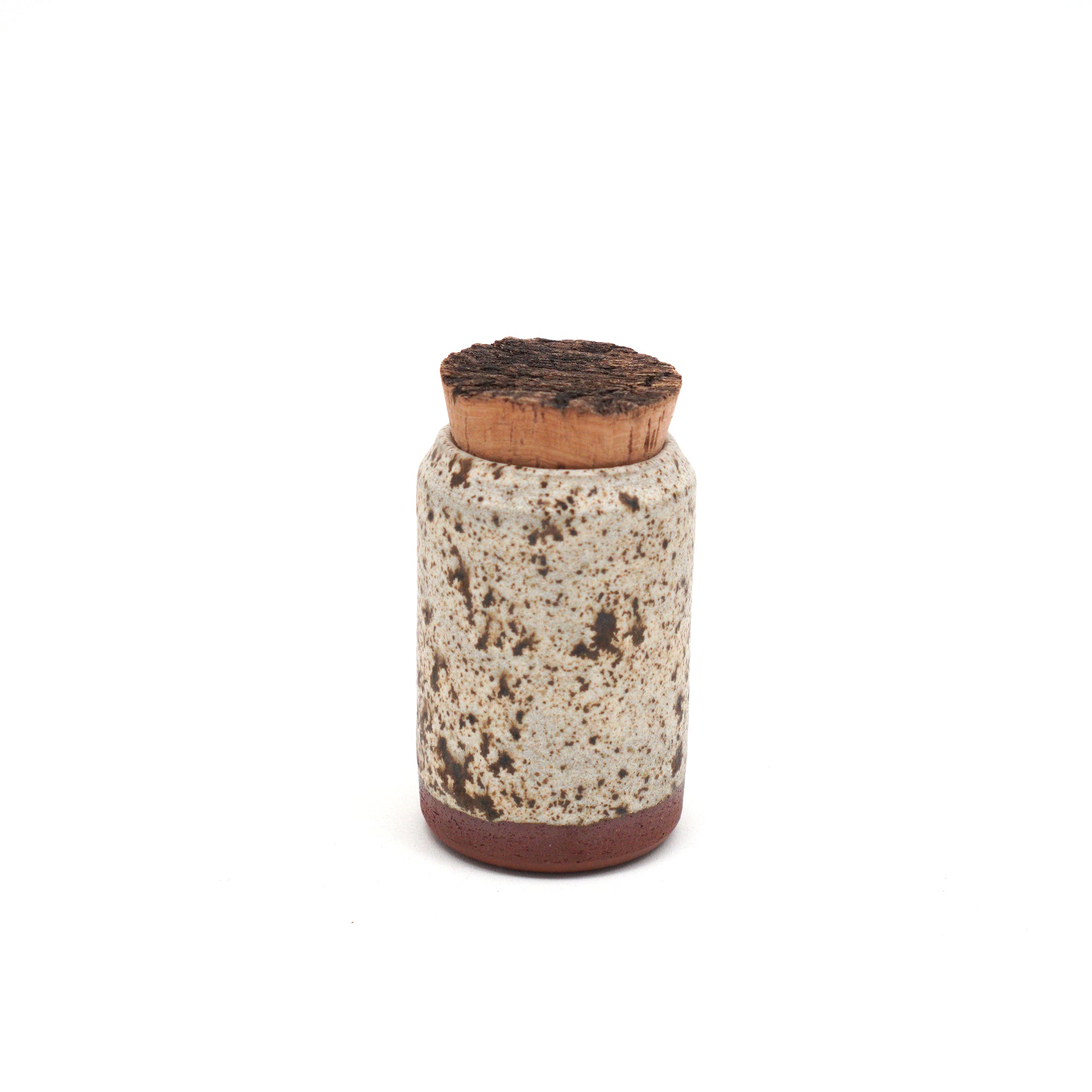 Handmade Ceramic 6oz Corked Jar with speckled white & brown glaze