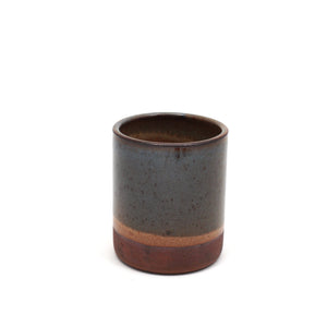 Handmade ceramic 8oz Cup with speckled dark blue glaze.