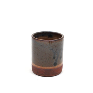 Handmade ceramic 8oz Cup with speckled dark blue glaze.